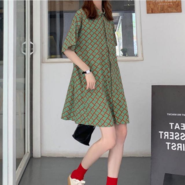 幾何学柄ワンピース レディース シャツワンピース ジオメトリック ショート丈 ワンピース チェック シャツ ドレス ひざ上丈 フレア 襟付き 半袖 グリーン ワンピドレス 大人可愛い きれいめ 上品 レトロ エスニック エキゾチック キュート ガーリー エレガント フォーマル 春 6,003円