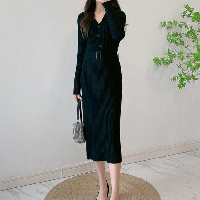 ワンピース レディース リブニットワンピース ミドル丈 タイト ベルト付き プリーツ ニット ドレス Vネック 長袖 スリム ハイウエスト フロントボタン 黒 ブラック キャメル ホワイト 白 大人可愛い きれいめ 上品 ガーリー エレガント フォーマル 春 夏 秋 冬 二次会の通販は