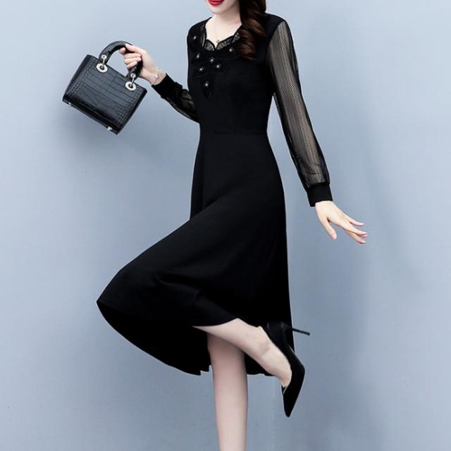 ワンピース レディース フレアスカート フレアワンピース 膝丈 ひざ丈 膝下 ロング ロング丈 袖あり 長袖 Uネック ラウンドネック クルーネック フレア スリム 細身 Aライン 切り替えデザイン レース チュール 透け感 シースルー かわいい 大人可愛い きれいめ 大人 上品の通販は 5,280円