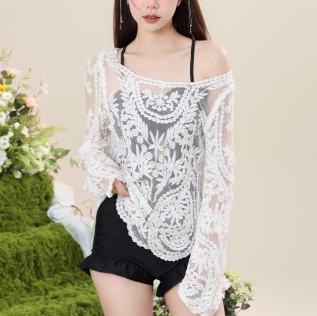 水着 レディース ワンピース水着 レーストップス トップス付 ワンピース 紐 ストラップ バッククロス リボン レース フリル 透け感 シースルー フロントオープン バックオープン ハートカット セット 2点セット ツーピース イレギュラーヘム かわいい 大人可愛い きれいめの通販は 5,233円