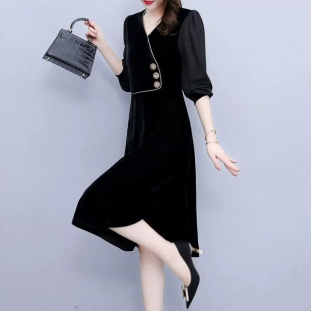 ワンピース 長袖 ゴールドベルベット Vネック 大きめサイズ ルーズウエスト ミドル丈 シック プルオーバー ハイウエスト フレアスカート ゆったり エレガント Aラインスカート 新作 春秋 ボタン カジュアル オシャレ スタイリッシュ 細見え レディース スタイルUP お出かけの通販は 5,980円