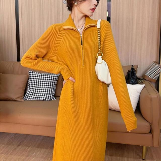 リブニットワンピース レディース ワンピース ニットワンピース リブニット ハーフジップ ハイネック 長袖 ロングワンピース ドロップショルダー 襟 無地 ミモレ丈 シンプル 可愛い キレイめ 上品 フェミニン シック 知的 カジュアル デイリー おでかけ 仕事 オンオフ兼用の通販は 5,980円
