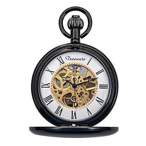 TREEWETO Pocket Watch Smooth Case Skeleton Dial Mechanical