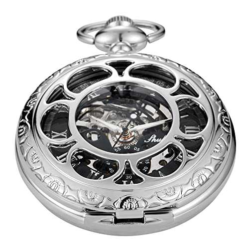 Sliver Skeleton Flower Mechanical Hand Winding Pocket Watch, Roman