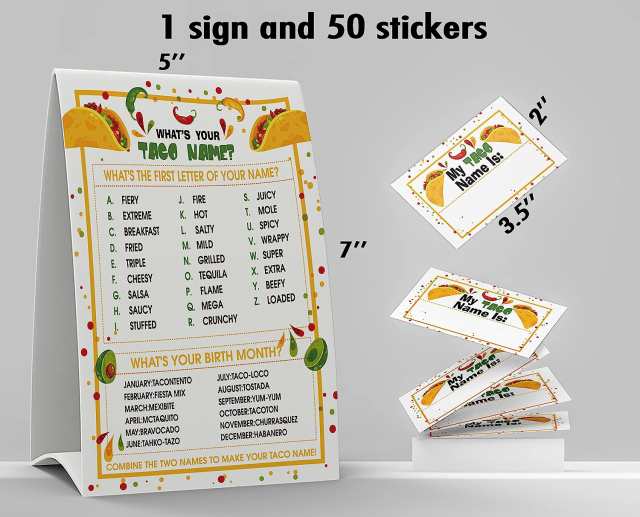 ボードゲーム 英語 アメリカ What's Your Taco Name Game, 1 Taco Theme Sign and 50 Name  Tag Stickers,｜au PAY マーケット