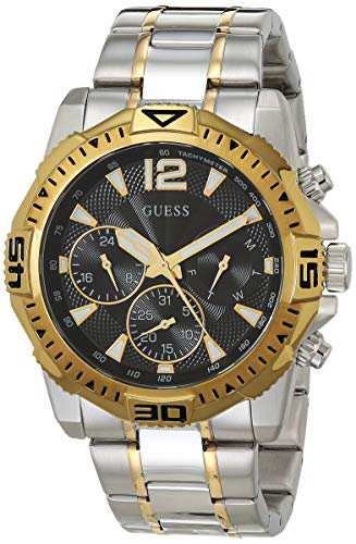 腕時計 ゲス GUESS Two-Tone with Black Dial Bracelet Watch, Silver