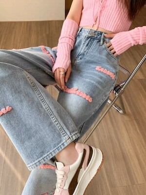 パンツ ロゴ ワッペン デニム レディース ピンク レッド ベージュ 3色 S M L キュート ストリート 【KT0002】の通販は