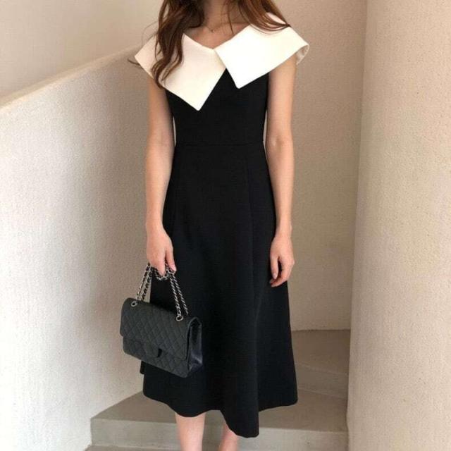 ワンピース　セーラー襟　ロング　2色　ブラック/ホワイト　S　M　L　上品　ラペル　ノースリーブ　アシメ　モノトーン　【KT0002】の通販は 5,200円