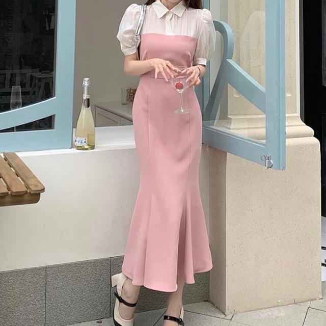 ワンピース　ブラウスドッキング　マーメイド　2色　ブラック/ピンク　S　M　L　XL　シアー　透け感　タイト　ハイウエスト　【KT0002】の通販は 5,200円