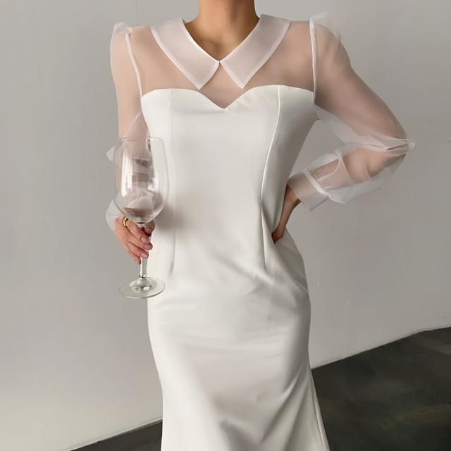 シースルードッキングワンピース レディース ドレス 膝下 襟付き セミフレア フェミニン ドッキング 大人可愛い 上品 ラブリー 無地 ホワイト ブラック 透け感 オールインワン シースルー 長袖 レース パーティフォーマル 女子会 謝恩会演奏会 イベント エレガント フォーマルの通販は 6,800円