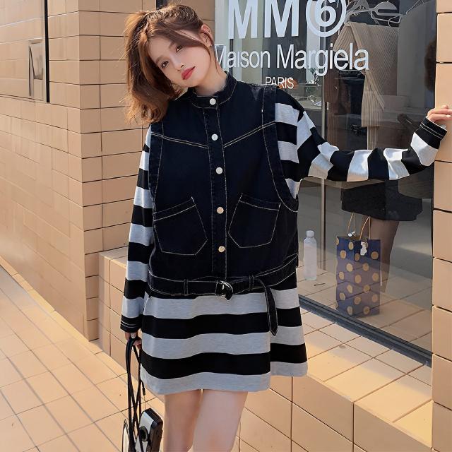 ステッチデニムベスト×ボーダーワンピース セットアップ レディース ミニ 長袖 ラウンドネック スタンドカラー ストレート フェミニン かわいい カジュアル ボーイッシュ エレガント キュート ビジネス OL 通勤 学生 通学 お出かけ イベント 女子会 ショッピング ライブの通販は ステッチデニムベスト×ボーダーワンピース セットアップ レディース ミニ 長袖 ラウンドネック スタンドカラー ストレート フェミニン かわいい カジュアル ボーイッシュ エレガント キュート ビジネス OL 通勤 学生 通学 お出かけ イベント 女子会 ショッピング ライブの通販は