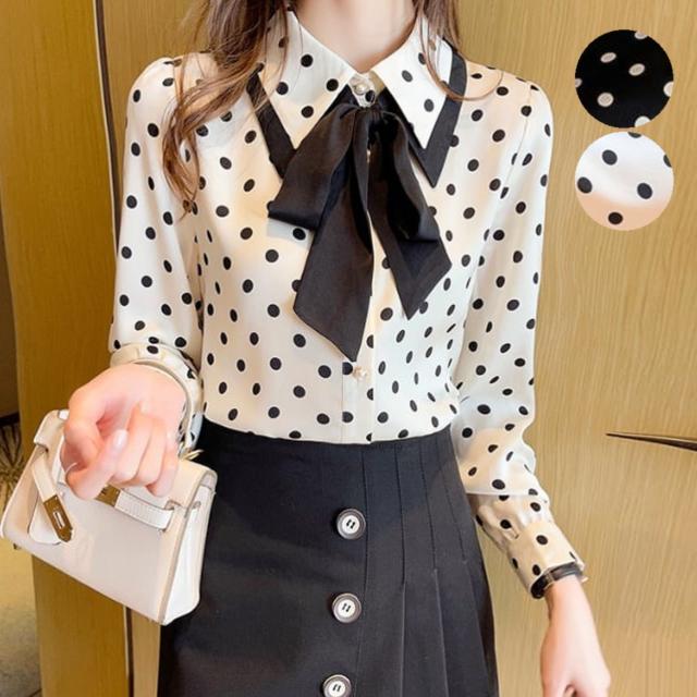 フロントリボンバイカラードットブラウス レディース シャツ 長袖 りぼんタイ ストレート フォーマル リボン バイカラー きれいめ おしゃれ エレガント ドット柄 オールシーズン ミーティング プレゼン オフィス ビジネス お出かけ イベント レストラン ショッピング 合コンの通販は