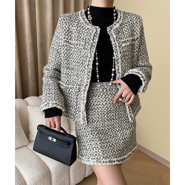 フリンジトリムツイード風セットアップ バイカラー 配色 ドッキング 伸縮性 オフィス ビジネス OL 通勤 学生 学校 部活 デート お泊まり 旅行 公園 女子会 着回し モテ 清楚 トレンド 流行 インスタ映え 【IN0001】の通販は