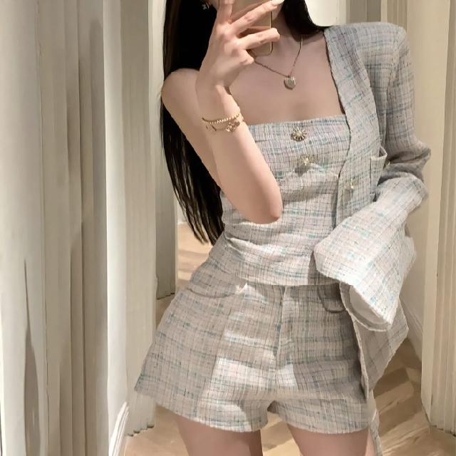 チェックワントーンセットアップ ジャケット・チューブトップ・ショートパンツ３点セット レディース ジャケット ショートパンツ タンクトップ ミニ ショート 長袖 襟なし ストレート ツイード ボタン 大人可愛い 上品 ガーリー エレガント フォーマル カレッジ風 チェック 秋の通販は