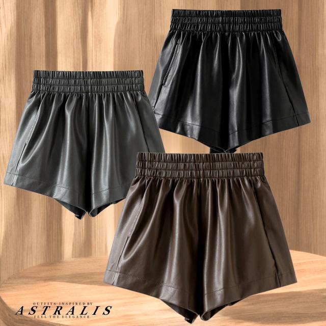全３色 レザー ショートパンツ Ｓ〜XLサイズ レディース パンツ レザーパンツ ショート セミフレア フェミニン ウェストフリー ポケット フェイクレザー かわいい シンプル カジュアル 上品 ガーリー エレガント 無地 シーズンレス オフィス お出かけ ショッピング カフェの通販は