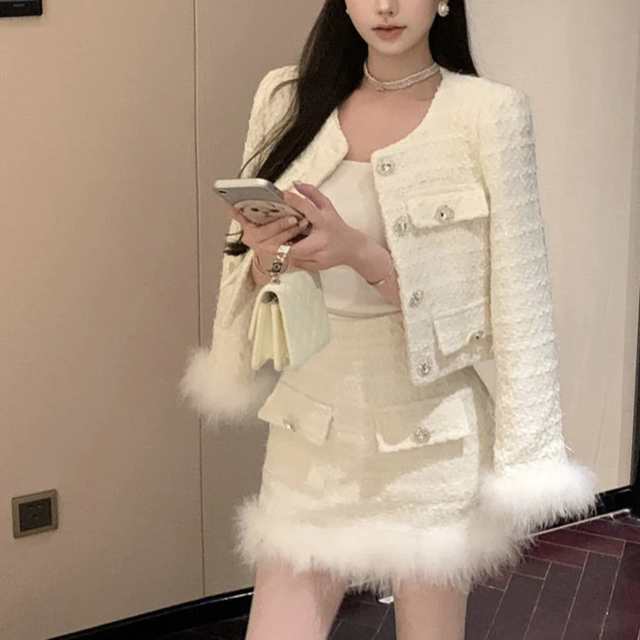 ファー付きツイード セットアップ レディース 上下 2点セット 