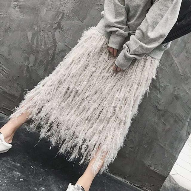 フリンジニットスカート レディース スカート ロングスカート ミモレ ロング Aライン ニット フリンジ かわいい 大人可愛い おしゃれ 無地 秋 冬 お出かけ 体型カバー フリーサイズ 黒 ブラック グレー 【SHO0003】の通販は 5,576円