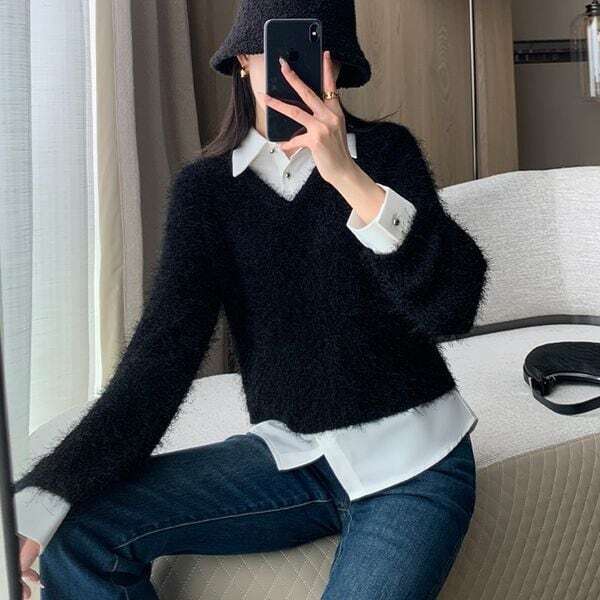フェイクブラウス シャギー ニット レディース トップス ニット ブラウス Vネック 襟付き 長袖 ドッキングシャツ セーター レイヤード 重ね着 無地 かわいい 大人可愛い カジュアル きれいめ シンプル おしゃれ 抜け感 デート お出掛け 女子会 トレンド 秋 冬 S M L XLの通販は