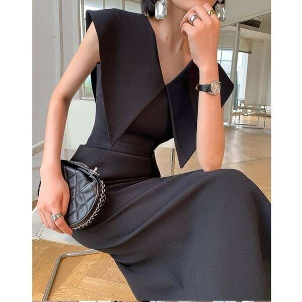 フレンチ Vネック ワンピース レディース ワンピース ワンピ ミモレ 袖なし Vネック 襟付き セーラーカラー タイト スリム 細身 スリット かわいい 大人可愛い きれいめ 上品 おしゃれ 主役級 存在感 無地 春 夏 秋 冬 お出かけ パーティー イベント リゾート スタイルアップの通販は