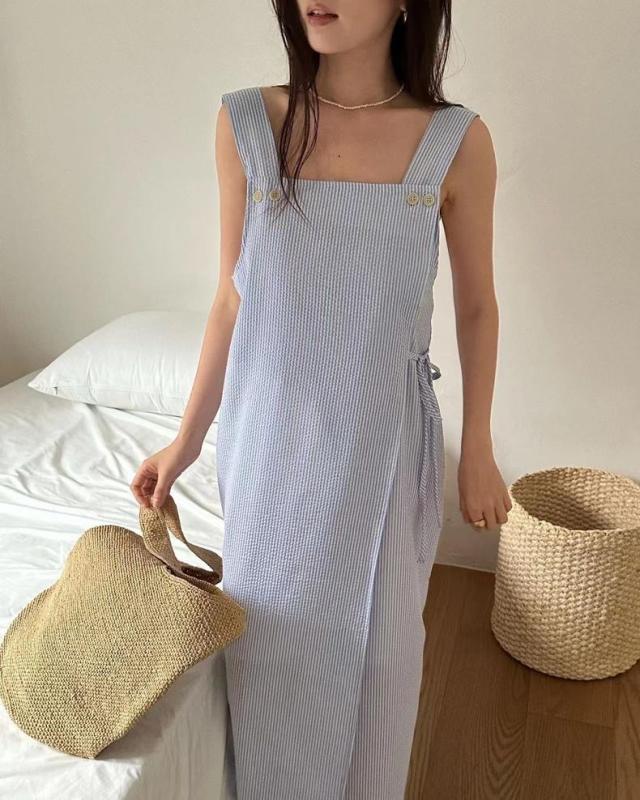 レディース ワンピース ロング 袖なし スクエアネック ストレート ウエストリボン かわいい 大人可愛い シンプル カジュアル おしゃれ アジアン ラフ ストライプ 夏 デート お出かけ イベント リゾート 旅行 海 プール ビーチ 女子会 休日 体型カバー 着回しの通販は 4,932円