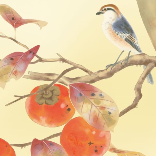 額絵 日本画[花鳥画]秋飾り 【柿に小鳥】 [F4] [高見蘭石] [G4
