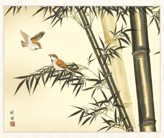 日本画 田村竹世 竹に雀（たけにすずめ） F8 花鳥画 年中飾り [g4