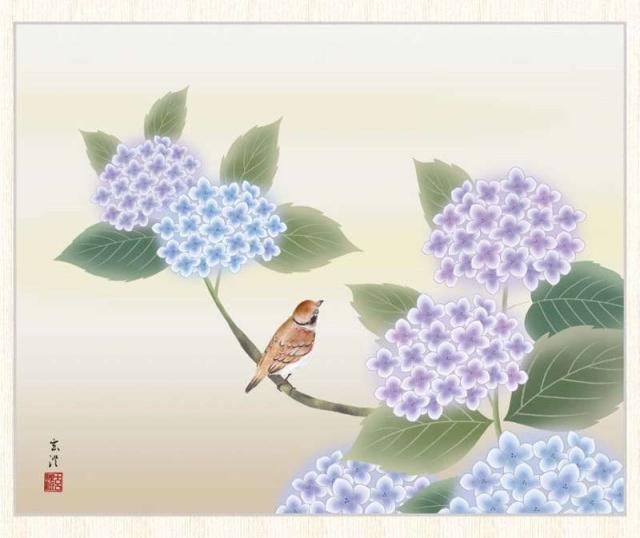 花鳥掛軸 日本 画 紫陽花 作品 門八 紫峯 あじさい小禽図 掛軸 紙本