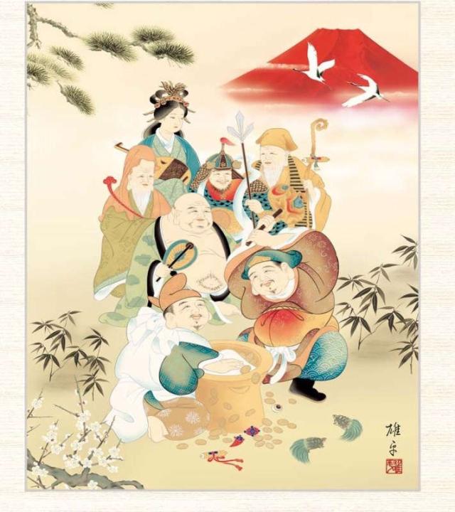 日本画 鵜飼雄平 七福神（しちふくじん） F8 縁起画 [g4-by036