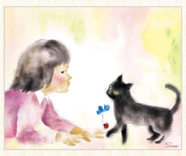 絵画 インテリア 絵 額付(黒) 油絵 F4-072019 猫と女の子(蟻さん) Amazon | 猫 絵画 黒猫 油絵 油彩画 高橋伸子 「予感・1」 額