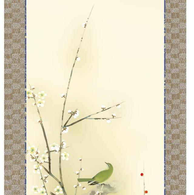 掛軸 掛け軸 花鳥画 季節飾り 春掛け 紅白梅に鶯 洛彩緞子本表装 尺三 田村竹世 三美会 化粧箱 h31-snk-kz2ma2-086 10年保証 掛け軸 花鳥画 春掛け 朧月紅白梅(おぼろづきこうはくばい