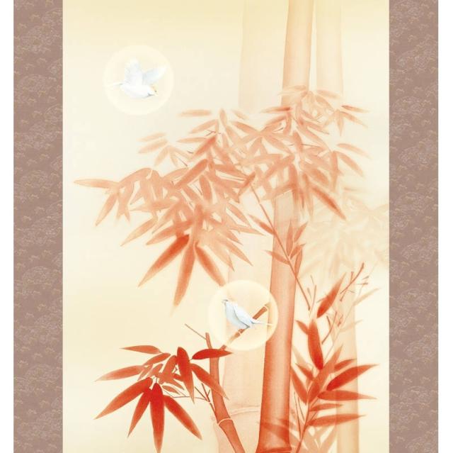 掛け軸　市川君圭 掛軸 [開運画]開運花鳥朱竹 【吉祥四君子繚乱図】 [尺三] [根本