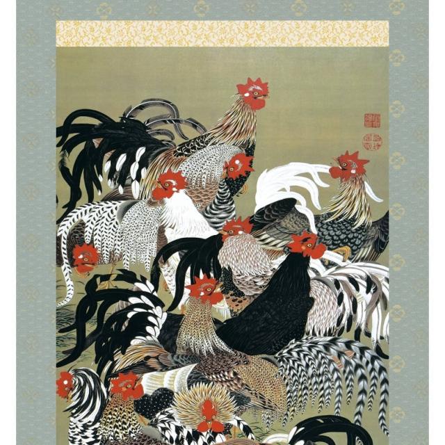 伊藤若冲鶏 浮世絵 鶏 掛軸 伊藤若冲 群鶏図 尺五 KZ2G9-031 代引き