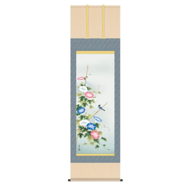 掛軸 日本画 花鳥画 高見蘭石  朝顔 (あさがお) 尺五 (KZ3A3-156) (代引き不可)
