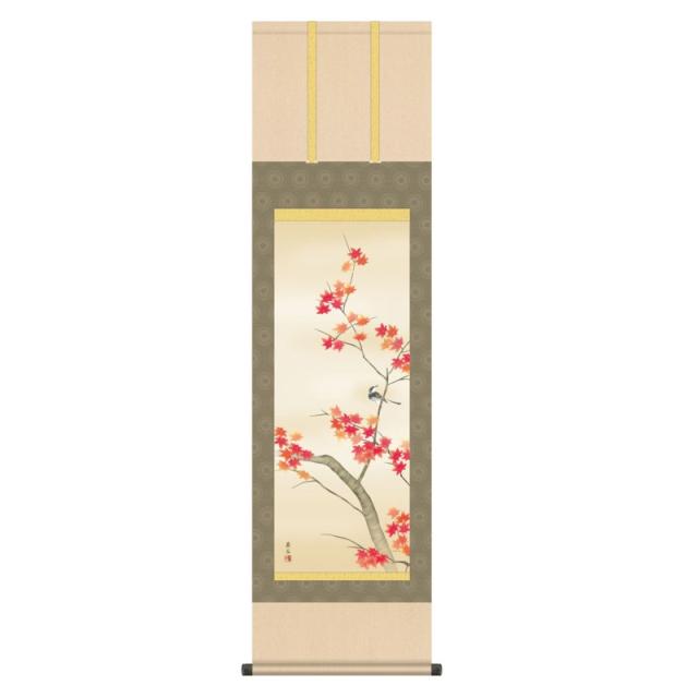掛軸 日本画 花鳥画 高見蘭石  紅葉に小鳥 (もみじにことり) 尺三 (KZ3MA4-147) (代引き不可)