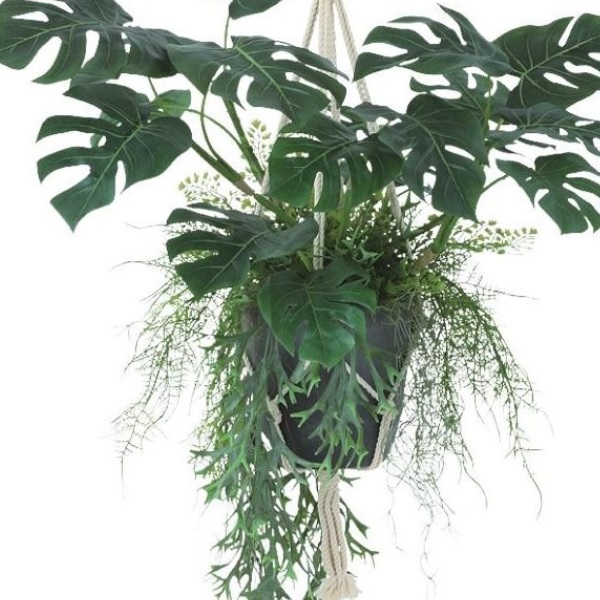 人工観葉植物 モンステラ MIX ハンキング ポット付き 高さ55×長さ100（総全長約110）cm （P116-99531) （代引き不可） インテリアグリーン フェイクグリーン_1