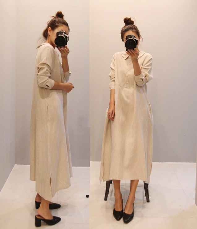 リネン シャツワンピース ロング ナチュラル ワンピ ゆったりワンピース ハーフボタン 長袖 ベージュ ナチュラル ラテカラー カフ ワイの通販はau Pay マーケット Vestito