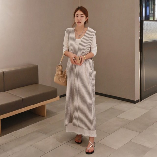 ストライプ ワンピース ノースリーブ 韓国 ファッション 夏服 春服 レディース マキシワンピース重ね着風 コットン ロングワンピ Vネックの通販はau Pay マーケット Vestito