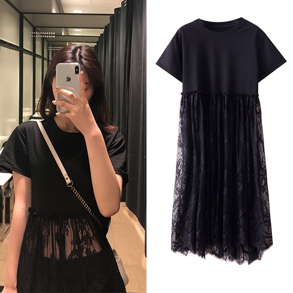 ワンピース レース 切り替え 半袖 ハイウエスト Tシャツ 刺繍 まつ毛 レース フェミニン ガーリー 大人 春 夏 フレア ボタニカルの通販はau Pay マーケット Vestito