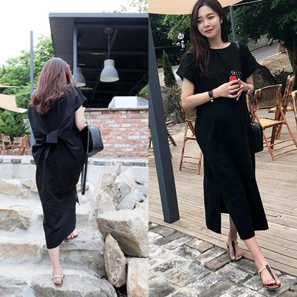 バックリボン ワンピース レディース コットン カットソーワンピースロング 黒 カジュアル ワンピ パーティ半袖 夏 サマードレス シンプの通販はau Pay マーケット Vestito