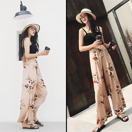花柄 ワイドパンツ 夏服 レディース 韓国 ファッション パンツ ワイド スリット ボタニカル ベージュ 夏ワイドパンツ モダン ハイウエスの通販はau Pay マーケット Vestito