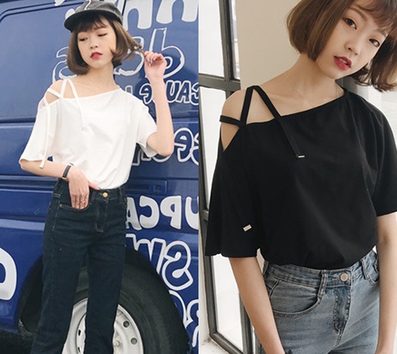ワンショルダー Tシャツ カットソー 夏服 レディース 韓国 ファッション レディース カットアウト Tシャツ レディース 黒 白 カジュアル の通販はau Pay マーケット Vestito