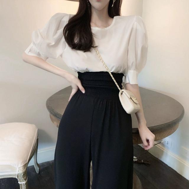 セットアップ レディース 夏 韓国 ファッション レディース バルーン袖 パフスリーブ トップス シャーリング フレア ワイドパンツ ハイウの通販はau Pay マーケット Vestito