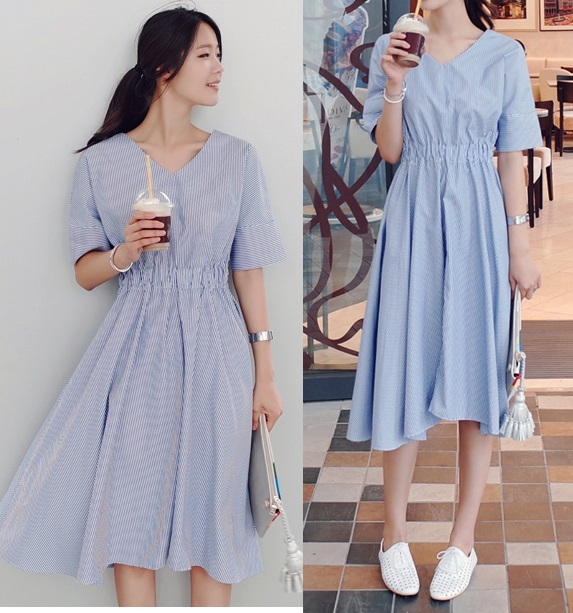 夏ワンピース 韓国 ファッション 夏服 レディース フレアワンピース ２way ｖネック ワンピース 半袖 ストライプ ミモレワンピース ミモの通販はau Pay マーケット Vestito