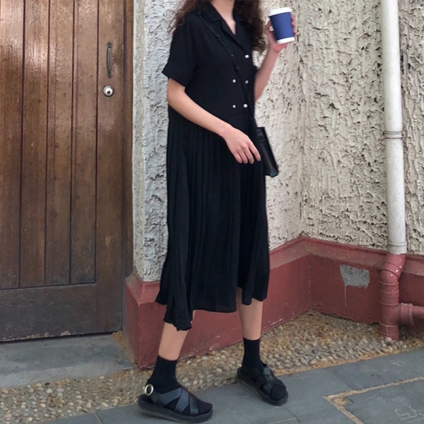 プリーツ ワンピース レディース ダブルブレスト Vネック 半袖 黒 ドッキング 切り替え ワンピ ゆったり サイズ 夏 コーデ の通販はau Pay マーケット Vestito