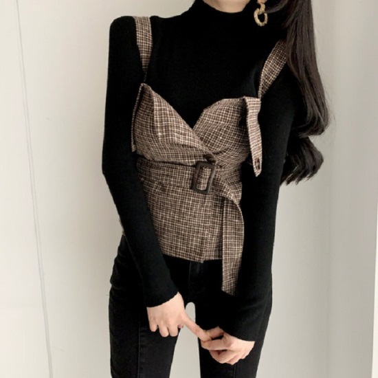 チェック ビスチェ トップス 韓国 ファッション レディース ビスチェ 付き トップス セット ハイネック ニット セーター チェック柄 ウエの通販はau Pay マーケット Vestito