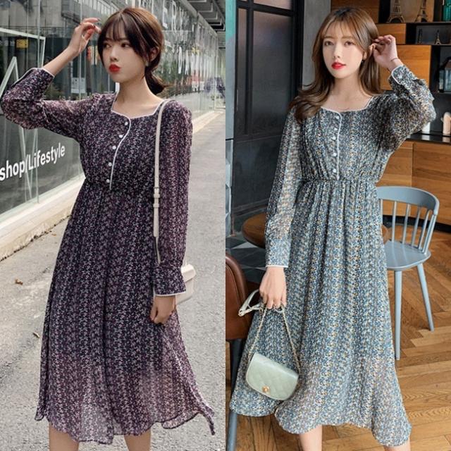 春夏 ワンピース 花柄 プリント シフォン ロングワンピース 韓国 ファッション レディース 春物 ロング ワンピ 長袖 パイピング 小花柄 の通販はau Pay マーケット Vestito