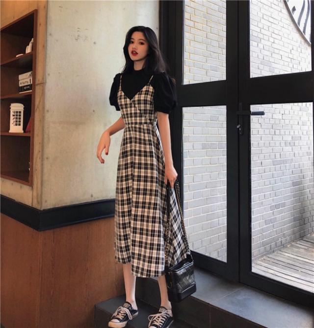 レイヤードワンピース チェック セットアップ ワンピース 夏服 レディース バルーン トップス チェック ロングワンピース キャミワンピ の通販はau Pay マーケット Vestito