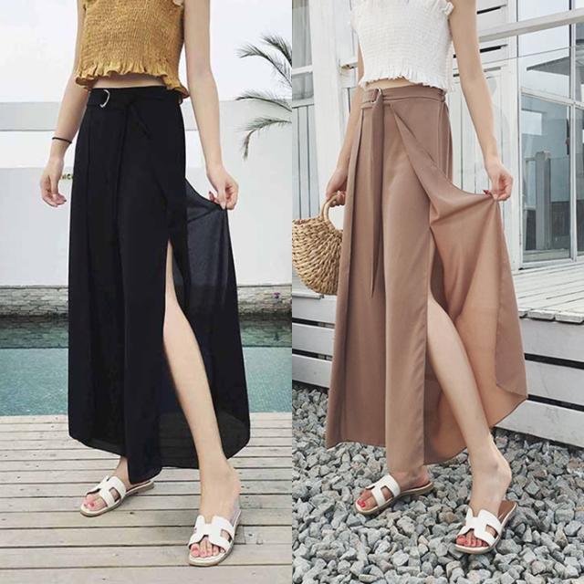 シフォン ワイドパンツ 夏服 レディース 韓国 ファッション スリット セクシー ワイドフレアパンツ ウエストマーク ベルト パンツ 黒 グの通販はau Pay マーケット Vestito