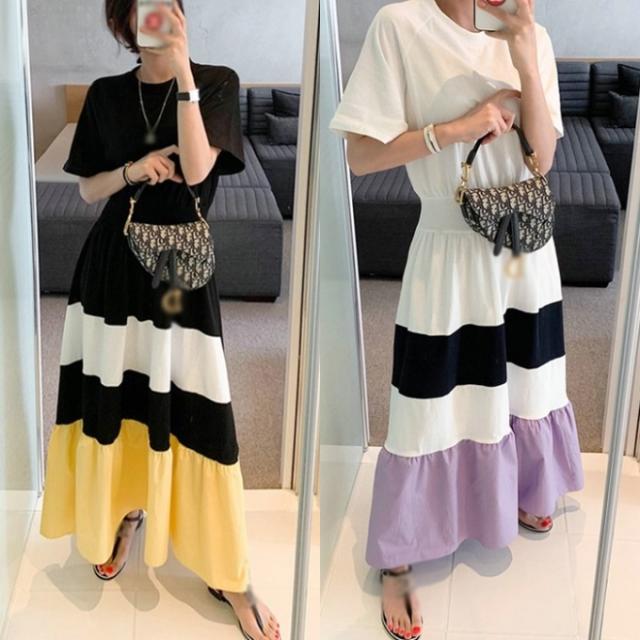 マキシワンピース ボーダー 夏服 レディース ウエストゴム ワンピース 韓国 ファッション レディース ワンピ カラーブロック レディース の通販はau Pay マーケット Vestito