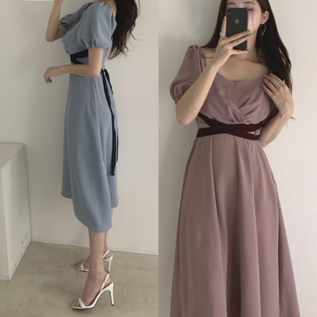 韓国 ワンピース ドレス ウエストマーク ロングワンピース 夏服 レディース 韓国 ファッション パフスリーブ バイカラー 夏 ワンピ ハイの通販はau Pay マーケット Vestito